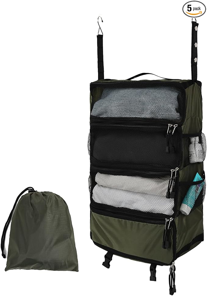 TABITORA Travel Luggage Organizer Hanging Packing Cubes Portable Hanging Shelves Carry on Closet for Suitcase with 2 Hooks,Collapsible(Darkgreen,M)