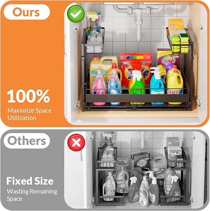 Expandable Under Sink Organizer with 5-Level Height Adjustment,2 Tier Under Sink Organizer Pull-Out Under Sink Drawers Cabinet Organizer for Kitchen & Bathroom Storage,Black,Large