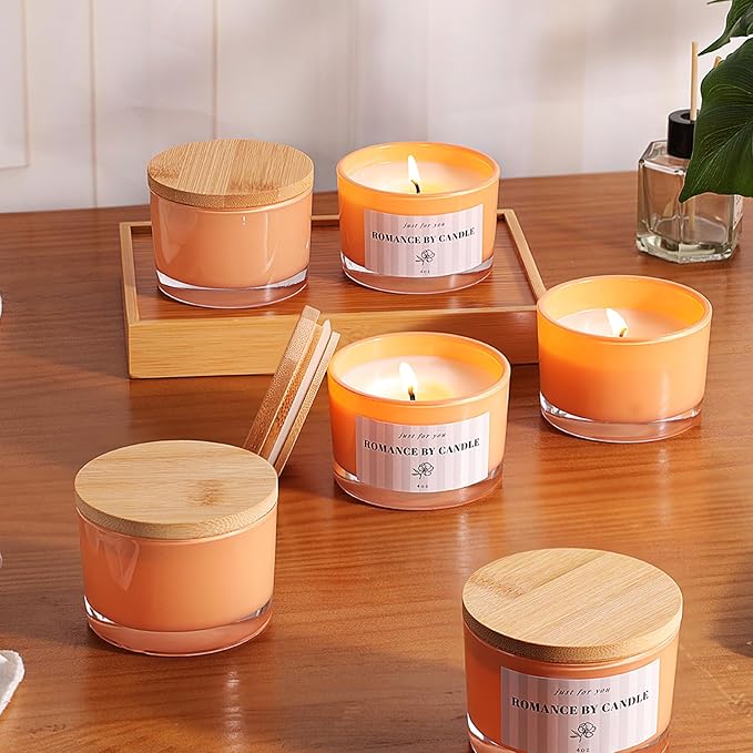 REISEN 12 PCS Orange Candle Jars for Making Candles, 4 OZ Glass Jars with Bamboo Lids and Sticky Warning Labels, Candle Containers for DIY Gifts, Candle Making Supplies