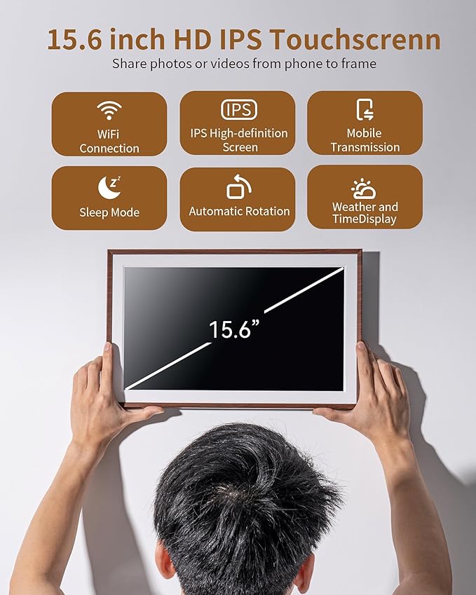FRAMEO 15.6 Inch 32GB WiFi Large Digital Photo Frame 1920 * 1080 IPS FHD Touch Screen Smart Digital Picture Frame, Wall Mountable, Auto-Rotate,Share Instantly, Birthday Gifts for Women, Mom