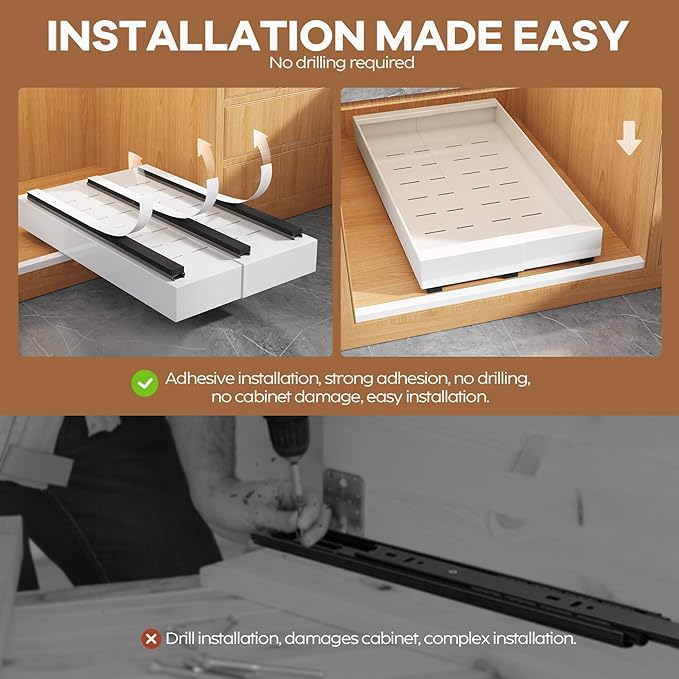 4 Pack Expandable (9"-14") Pull Out Cabinet Organizer 21" Deep With Raising Pad for Framed Cabinets,Upgrade 3 Slide Rails Slide Out Drawers,No Drill Roll Out Shelves Adhesive,White