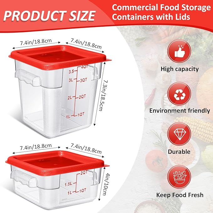 Yungyan 16 Pcs Restaurant Food Storage Containers with Lids Set 2Qt and 4Qt Commercial Restaurant Square Storage Containers Clear Food Cereal Container for Kitchen Freezer (Red Lids)
