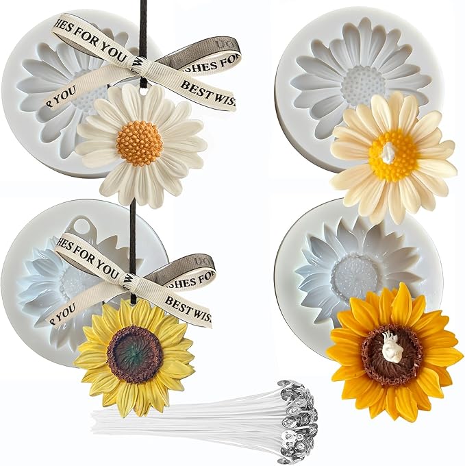54Pack Silicone Flower Mold for Candles Set, 4pack Daisy Sunflower Molds with 50 Wicks for Handmade Soaps, Bath Bombs, Resin,Gift Making for Valentine and Mother's Day