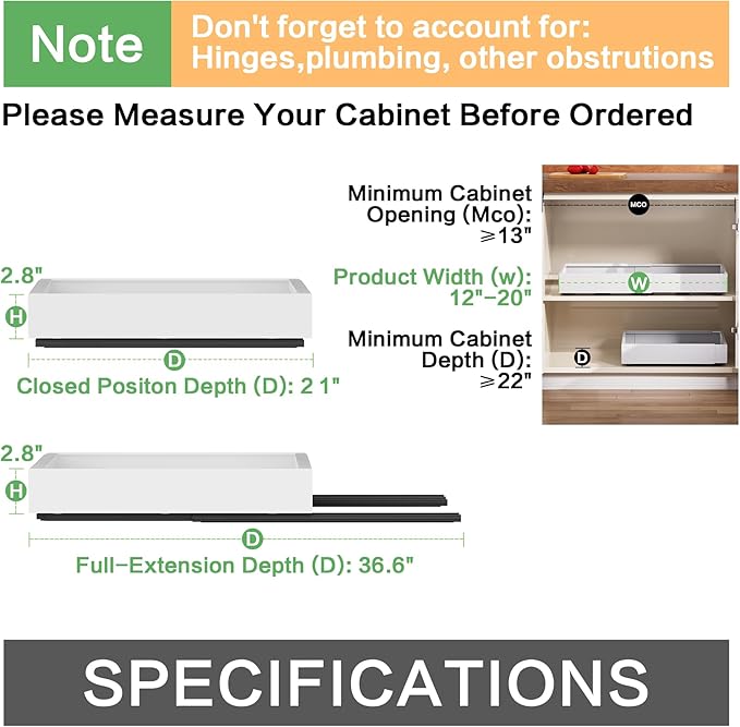 4 Pack Pull out Cabinet Organizer,Extendable (12"-20") Heavy-Duty Pull-Out Drawers (white, 21" Dx12-20 W)