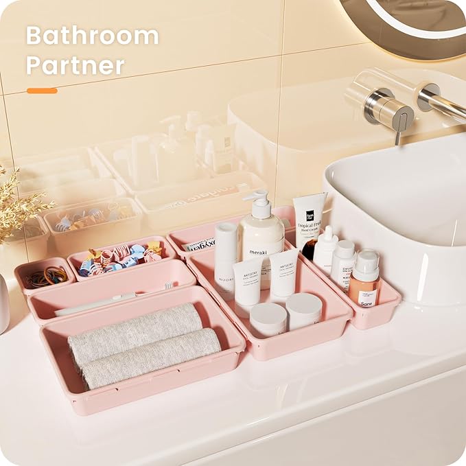 【𝟮𝟴𝗣𝗖𝗦】 【𝟱𝗦𝗶𝘇𝗲】 Pink Drawer Organizer, Makeup organizer, 【Holds 177 Items】 Bathroom Organizers and Storage, Plastic Desk Organizer Divider, Organizer Bins for Office Vanity A-LUGEI