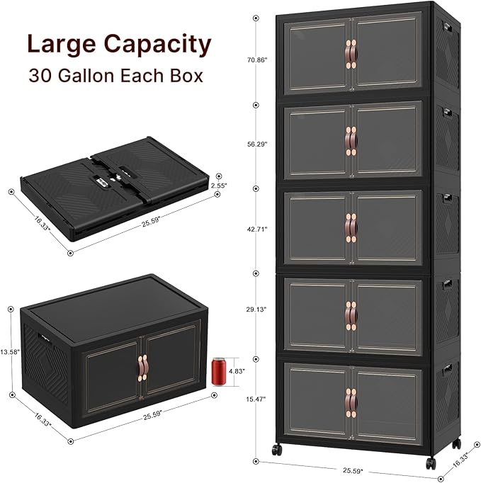 UAMFURI Stackable Storage Bins with Lids, 600QT Closet Organizers, Lockable Storage Cabinet, Foldable Storage Box with Doors and Wheels, Plastic Drawers for Home, Garage, Office (5, Black, Large)