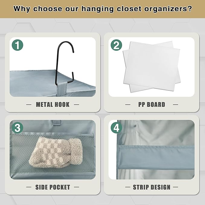 3-Shelf Hanging Closet Organizer and Storage, Foldable Hanging Closet Shelves Front Lip Design Washable Hanging Storage, 28" X 11-3/4" X 11-3/4", Gray