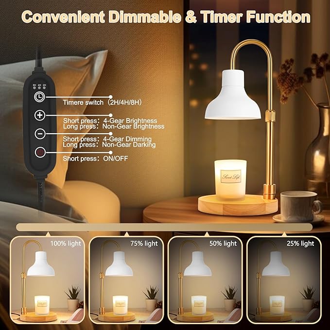 Candle Warmer Lamp with Timer & 3 Bulbs, Dimmable Electric CandleLight Adjustable Height and Brightness Candle Wax Warmer for Jar Candles Bedroom Home Decor House Warming Gift for Women (White)