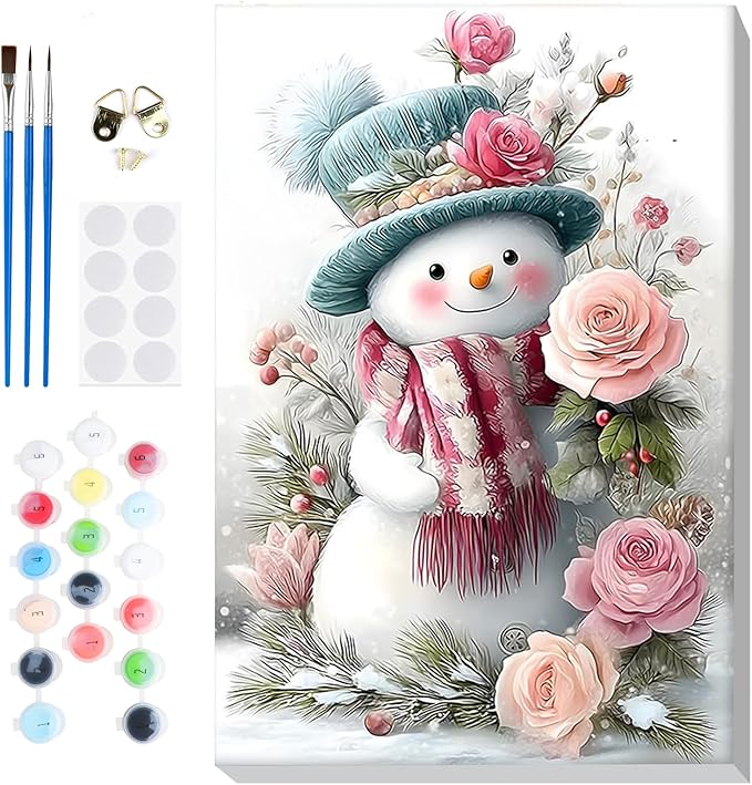 Bowetile Christmas Paint by Numbers for Adults Beginners Framed, Adults' Paint-by-Number Snowman Kits on Canvas, Acrylic Number Painting Christmas Gifts for Home Decor, 8x12in