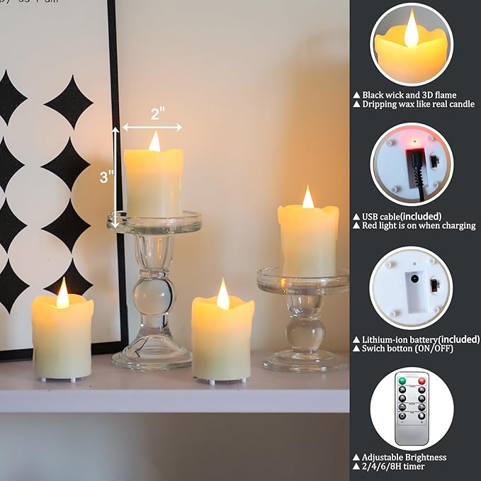 Lezonic Rechargeable Votive Flameless Battery Operated Candles with Remote Timer USB Cable, Pack of 4(D:2" X H:3") LED Ivory White Flickering Wax Candles with 3D Flame