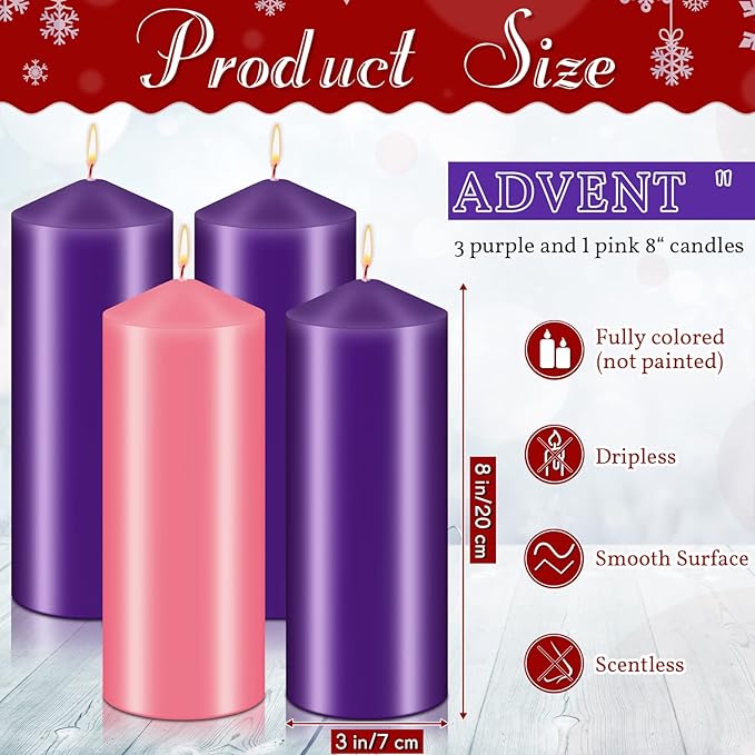 Amylove 4 Pcs 3 x 8 Inch Advent Pillar Candles Set Pink Purple Christmas Unscented Lasting Burning Church Candles for Advent Wreath Holiday Gifting