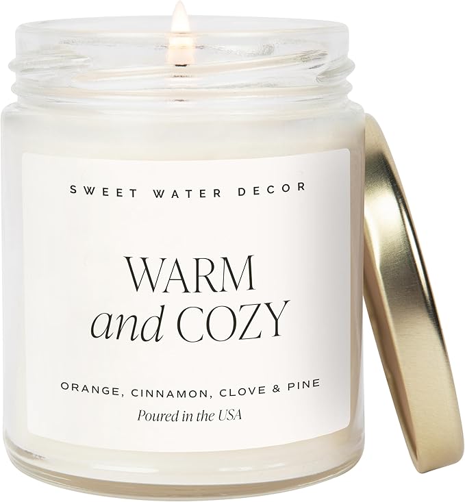 Sweet Water Decor Warm and Cozy Candle - Orange Peel, Cinnamon, Ginger and Clove Soy Winter Scented Candles for Home - 9oz Clear Jar + Gold Lid, 40+ Hour Burn Time, Made in The USA