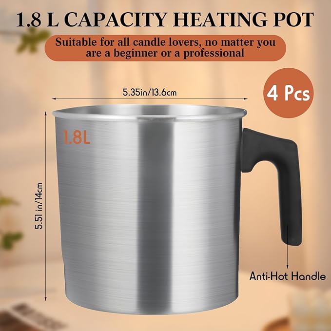 Ziliny 4 Pcs Candle Making Pouring Pot Wax Pouring Pitcher with Dripless Spout and Heat Resisting Handle Aluminum Wax Melter for Christmas DIY Candle Making Kits Gift(1.8 L)