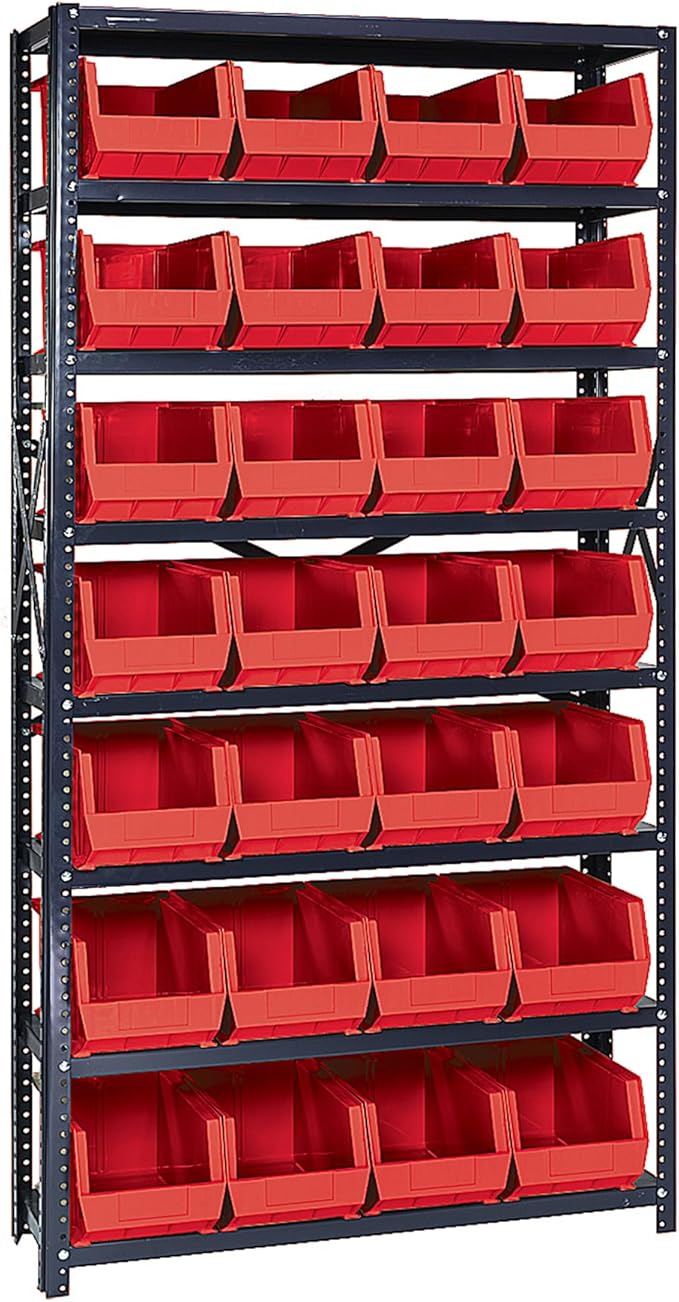 Quantum Storage Systems QSBU-240RD Giant Open Hopper Steel Shelving System, 12" D x 36" W x 75" H, with 8 Shelves and 28 QU240 Bins, Red