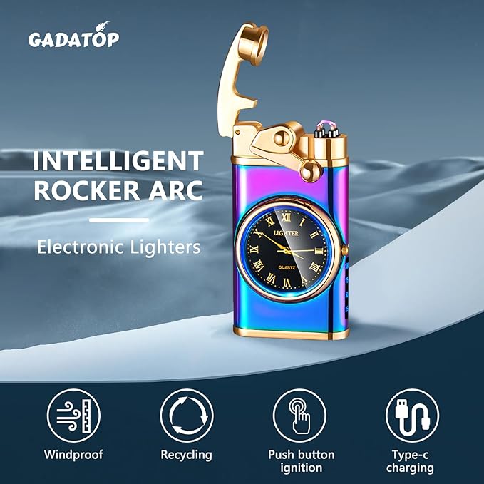 GADATOP Electric Lighter Rechargeable USB Lighter Flameless Windproof Lighter Personalized Creative Rocker Double Arc Plasma Lighter with Luminous Dial LED for Men and Women Gifts (Color Ice)