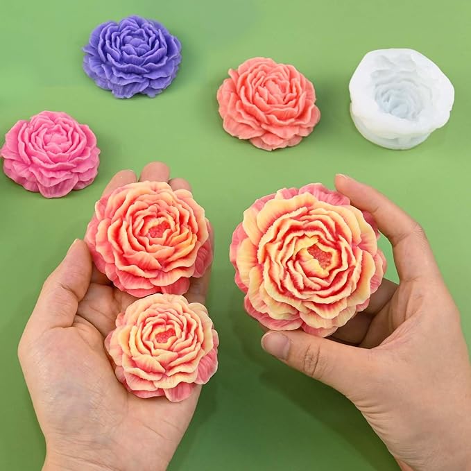 3 Pcs Peony Candle Mold for Candle Making, Set of Large + Medium +Small 3D Peony Flower Silicone Molds for Epoxy Resin Casting Wax Soap Clay Plaster Home Décor Handmade Gift