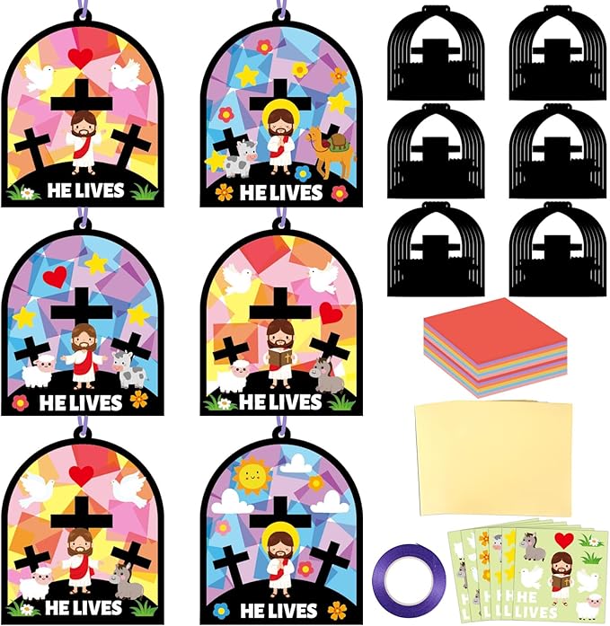 Qyeahkj 36 Set Easter Jesus Cross Suncatchers Crafts for Kids DIY Christian Religion Cross Window Tissue Paper Craft Kit Hanging Decor for School Home Activity Art Project Birthday Party Favor