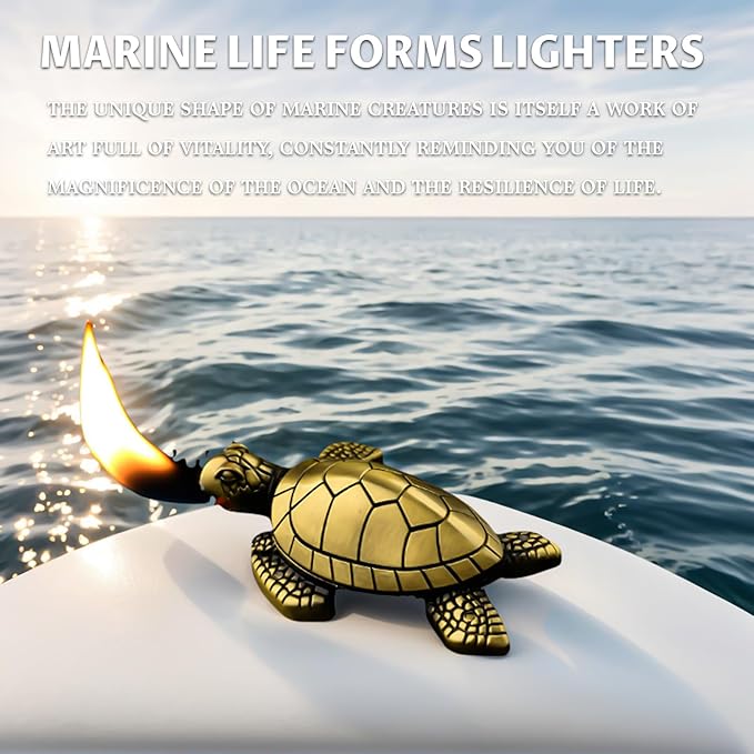 Torch Lighter for Men - Refillable Butane Lighter with Adjustable Jet Flame, Vintage Golden Turtle Design, Unique Desk Decor & Birthday Gift (No Butane Gas) (05)