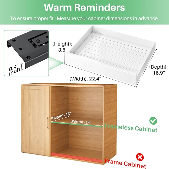 Pull Out Cabinet Organizer with Nano Adhesive, Heavy Duty Full-Extension Slide-Out Drawer for Kitchen Cabinet Organizers and Storage, No Drill Roll out Pantry Shelf, 22.4"W x 16.9"D x 3.1"H , White