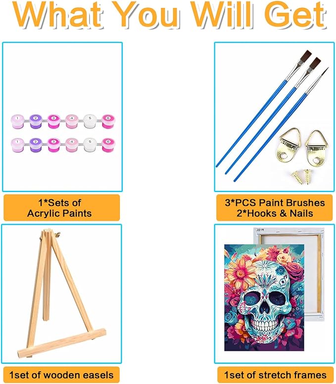 Meothan Paint by Numbers Kits for Adults, Skull Flowers Paint by Numbers Kits on Canvas, with Framed and Easel for Home Wall Decor 12x16inch