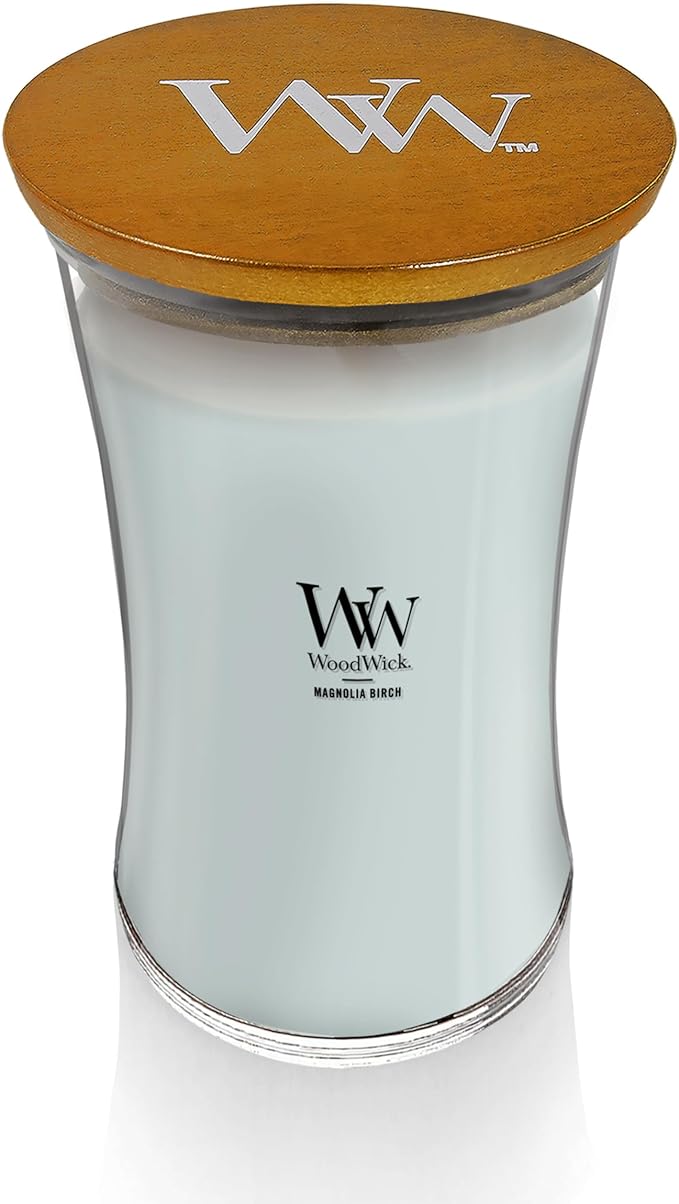 WoodWick Magnolia Birch Holiday Candle Gifts for Women and Men, 21.5 oz Large Hourglass Candle with Crackling Wick