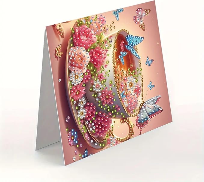DoxQcs 5D Diamond Art Painting Greeting Cards Kit, DIY Cards for Blessings Congratulations Gifts, Greeting Card Set for Birthday Thanksgiving Day Christmas Halloween-Morning Tea