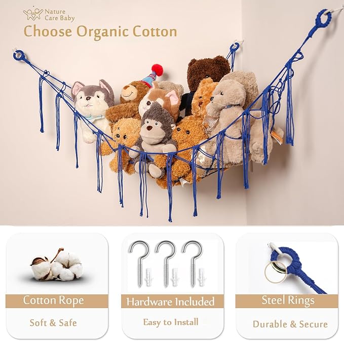 YKBU Stuffed Animals Hammock Corner Hanging Net for Macrame Stuffed Animal Storage Plush Toy Holder Toy Organizer for Boho Nursery Playroom Bedroom Kids Room Decor (blue, Large)