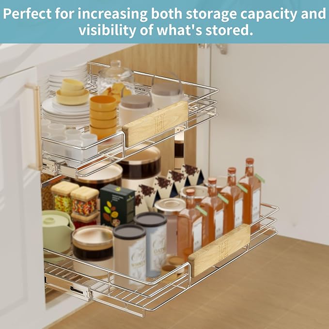 LOVMOR 2 Tier Pull Out Cabinet Organizer 28½" W x 21½" D, Slide Out Drawers with Wooden Handle, Sliding Shelves Organization and Storage for Kitchen, Pantry