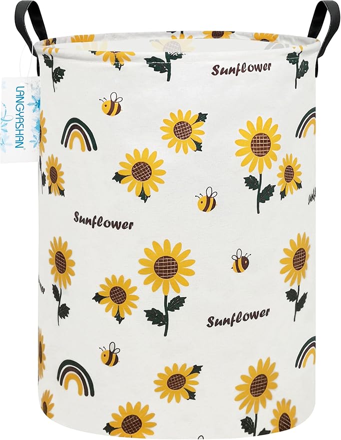 LANGYASHAN Storage Bin, Canvas Fabric Collapsible Organizer Basket for Laundry Hamper,Toy Bins,Gift Baskets, Bedroom, Clothes,Baby Nursery (Sunflower)