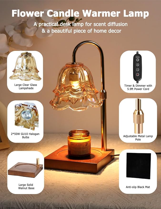 Flower Candle Warmer Lamp with Timer, Gold Lamp Candle Warmer Adjustable Dimmable, Electric Wax Warmer Lamp for Large Jar Candles Melt with 2 Bulbs, Gifts for Men Women Birthday Home Decor
