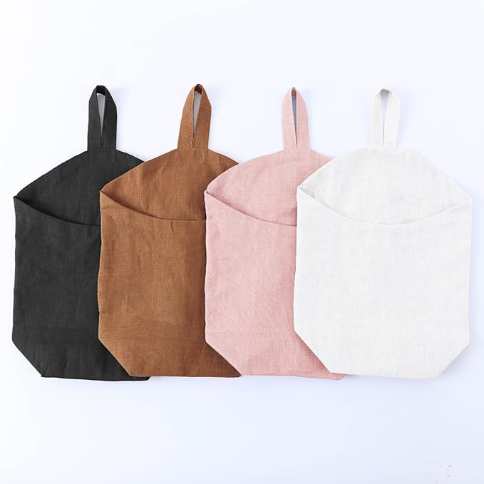 100% Linen Hanging Storage Bags Baskets 2 Pcs, Small Wall Storage Bag for Kitchen, Bedroom, RV Camper Organizer, Sewing Room, Nursery Storage, Kids Room (White)