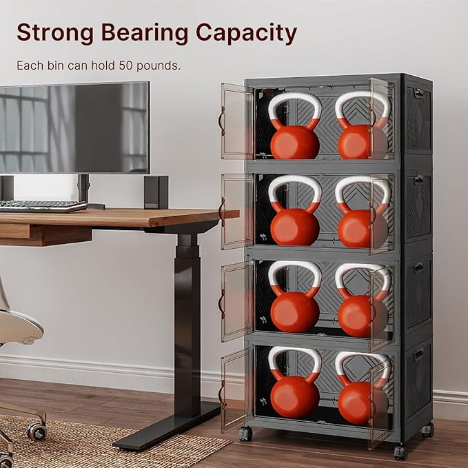Stackable Storage Bins with Lids, 275QT Closet Organizers and Storage with Doors and Wheels, Extra Large Storage Cabinet, Collapsible Plastic Drawers for Bedroom Kitchen Office Garage