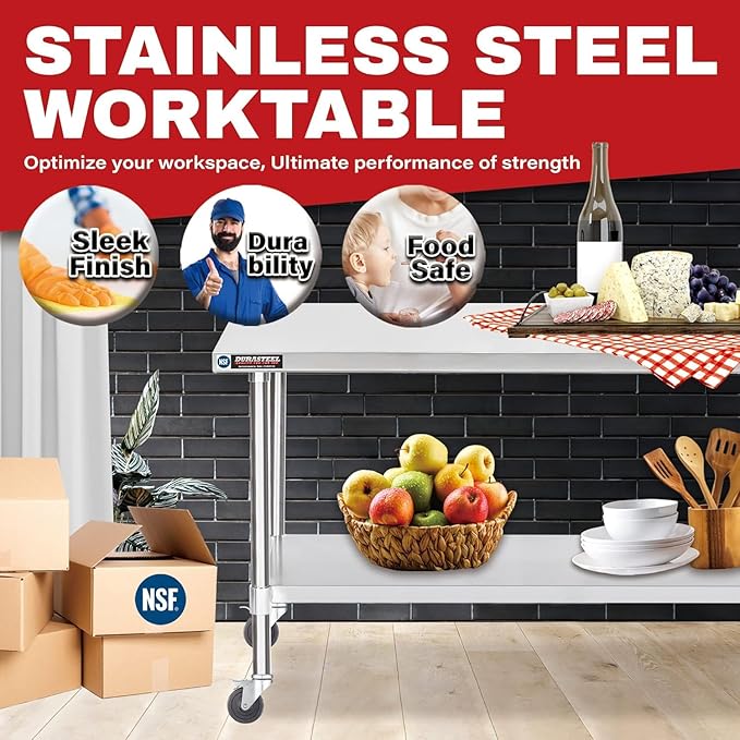 DuraSteel 24x60 NSF Stainless Steel Cart Work Table - Heavy Duty Rolling Food Prep Table Countertop Island - Metal Utility Cart on Wheels Caster, Grill Stand Storage Outdoor Kitchen Tables Bar Top
