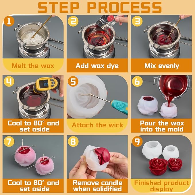 Rose Candle Making Kit with Candle Wicks Flower Silicone Mold for Candle Making Molds Set of Large + Medium + Small 3D Rose Molds DIY Handmade Soap Mould for Home Decor Valentine's Day Gift