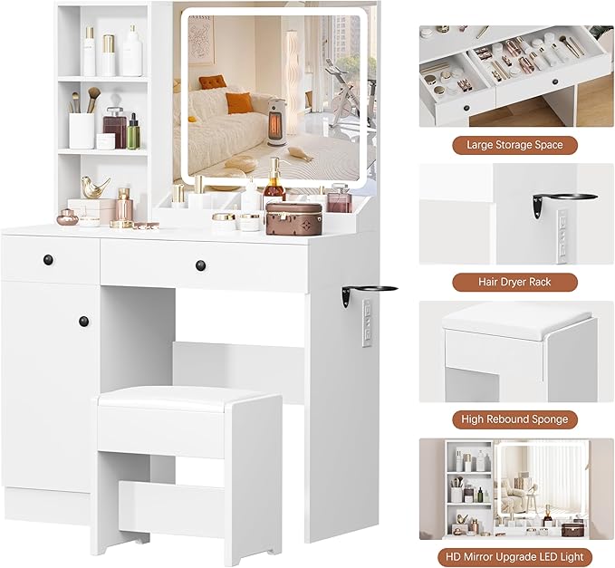 YIKEHOME Small Makeup Vanity Desk Set with Mirror, 39'' Vanity Table 3-Colour Lights with 5 Drawers & Shelves for Bedroom Dressing Room Brown