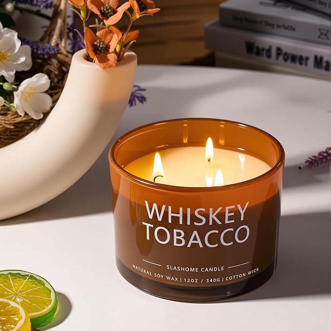 Whiskey & Tobacco Scented Candle, Luxury Large 3 Wick Soy Candle 12 Oz, 60+ Hour Long Lasting Clean Burn, Elegant Aromatherapy Home Decor, Housewarming & Birthday Gift for Men & Women