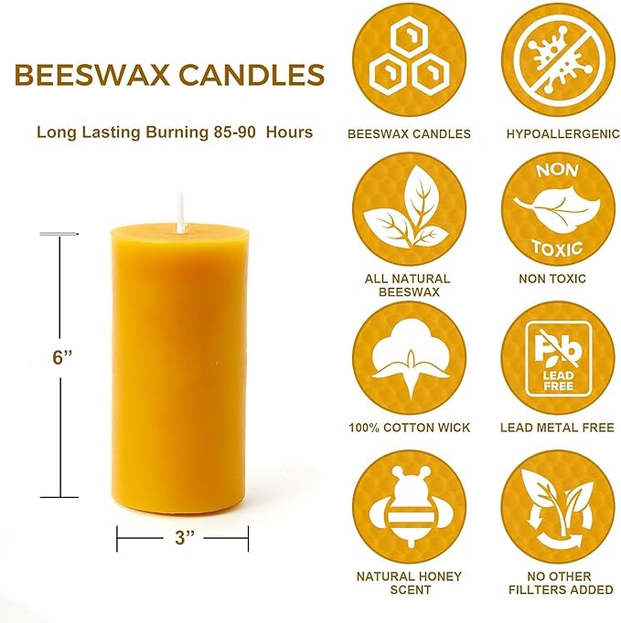 100% Pure Natural Beeswax Pillar Candles-85 Hours Long Burning Time Emergency Beeswax Candles | Organic Bees Wax for Home, Prayer, Christmas, Party | Unscented, Smokeless, Dripless 1 Pack (3×6 inch)