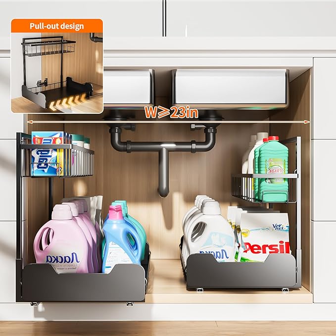 PureBox Under Sink Organizer, 2-Tier L-Shaped Pull Out Cabinet Shelf with 2 Installation Methods, Adjustable Sliding Storage Drawer for Kitchen, Bathroom, Laundry, Metal, Black, 2-Pack