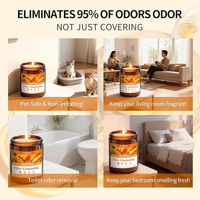 Sweet Orange Bergamot Odor Eliminating Candles | Eliminates 95% of Pet, Smoke & Bathroom Odors – 7oz Hand Poured Non-Toxic Soy Candle - Air Freshing Scented Candle Gifts for Positive & Relaxation