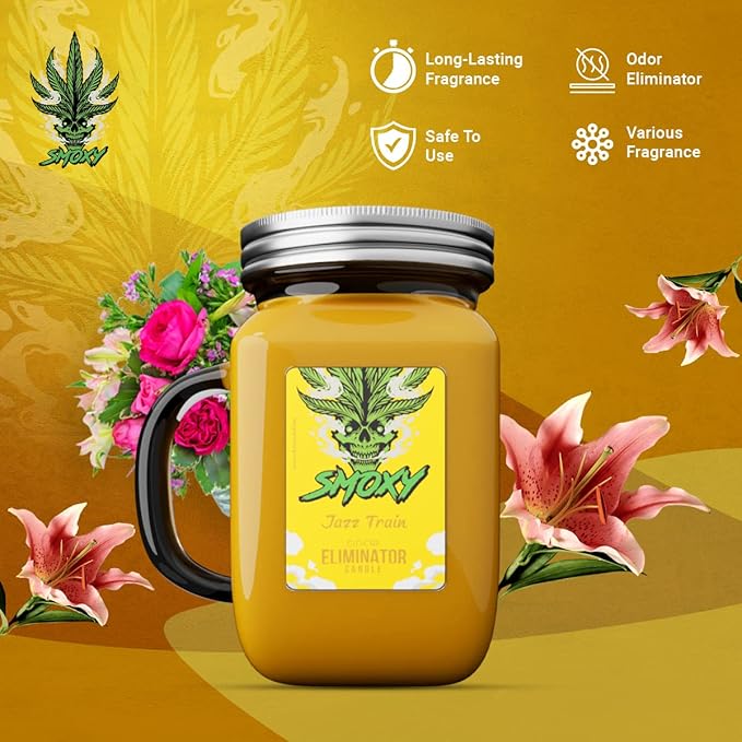 Smoxy Smoke Odor Eliminator Candle - Scented Candle for Home - Indoor Space Deodorizer & Air Freshener with Fragrance Pet Smell - Natural Palm Wax - Glass Mason Jar, 13oz. (Jazmine Train)