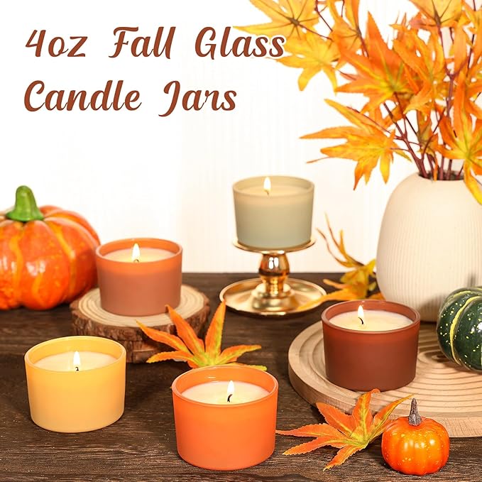 SUPMIND 4oz Fall Candle Jars 15 Pack, Small Wide Mouth Glass Empty Candle Jars with Bamboo Lids for Making Candles, Bulk Candle Container with Wick Kit, Ideal for Candle Business Owners