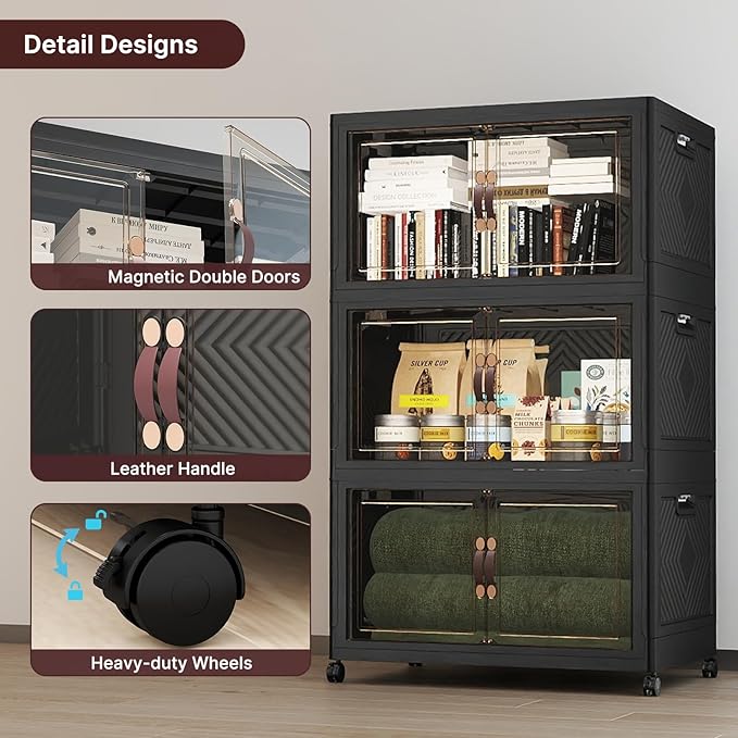 UAMFURI Stackable Storage Bins with Lids,1080QT Lockable Storage Cabinet, Foldable Storage Box with Doors and Wheels, Plastic Drawers for Home, Garage, Office (6, Black, Extra Large)