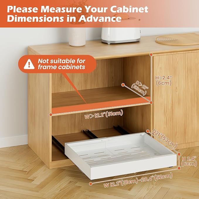 1 Pack Expandable Pull Out Cabinet Organizer 21"Deep, Adjustable Width 12.2"-20.4" Slide Out Drawers & Roll Out Shelves for Kitchen Cabinets, Easy Install with Double-Sided Adhesive, White