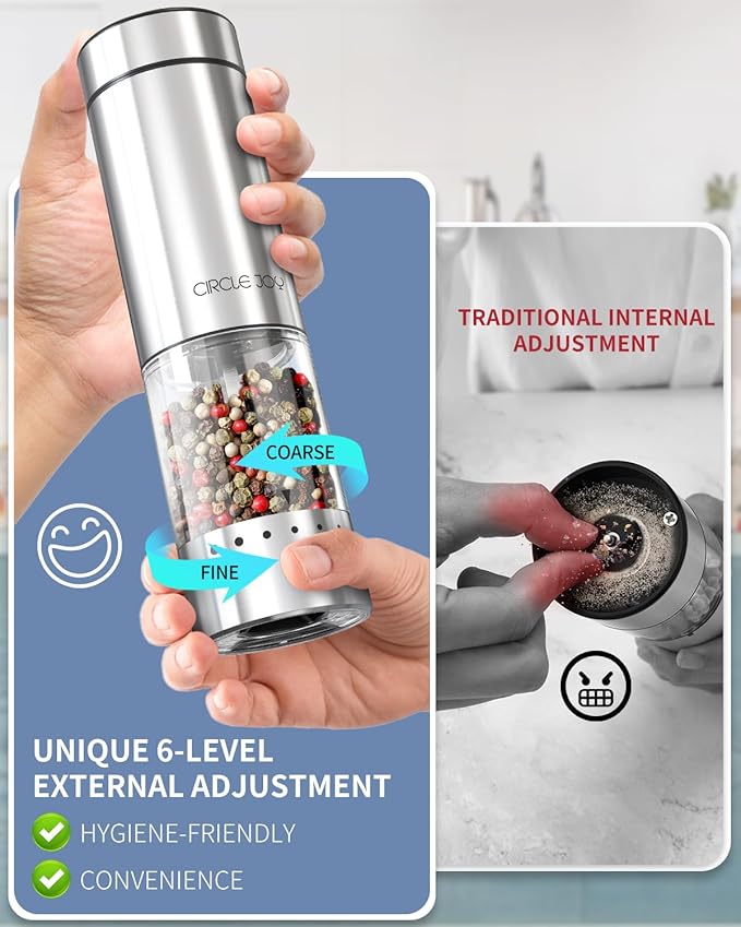 CIRCLE JOY Battery Operated Electric Salt and Pepper Grinder Set with Base, Stainless Steel Pepper Mills with 95ml Container, White LED Light and External Adjustable Coarseness, Silver