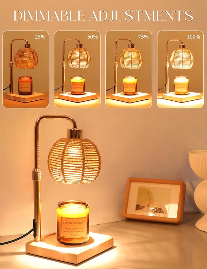 Candle Warmer Lamp with Timer Dimmable, Natural Weaving Boho Electric Candle Lamp, Wax Warmer Lamp for Mothers Day Gifts for Mom, House Warming Gifts New Home Decor