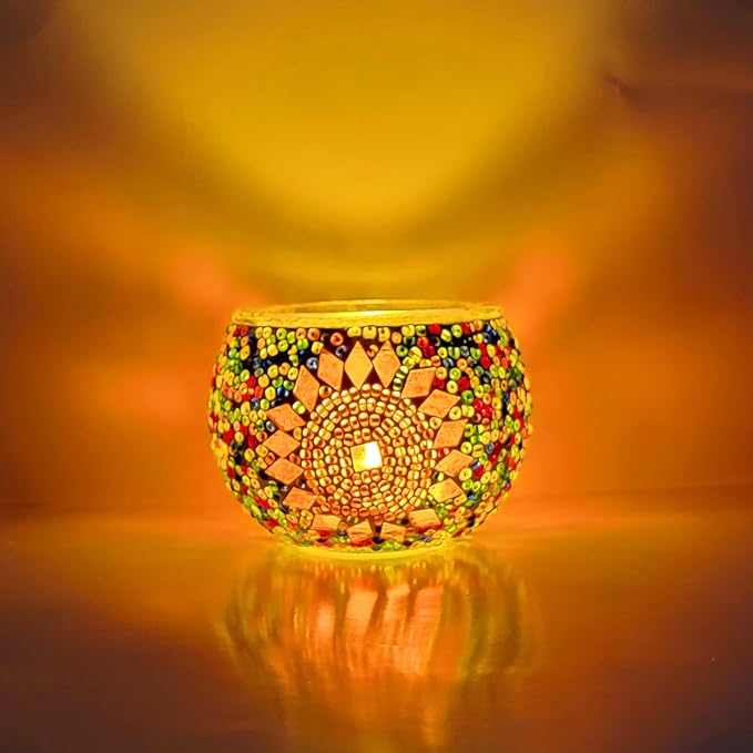 wpdash Handmade Turkish Mosaic Candle Holder Round & Colorful Decor for Bedroom & Living Room Home Ambience Light Children's Day DIY Handmade Gift Creative Festival Gift