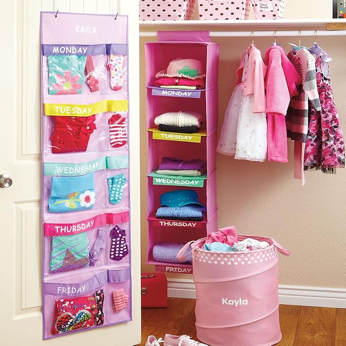 Lillian Vernon Pastel Colors Days Of The Week Hanging Clothing Organizer – Personalize With Name, Weekly Monday-Friday Over Door Weekday Kids Clothes Storage System, Sturdy Pastel Poly, 19-1/2" x 62"