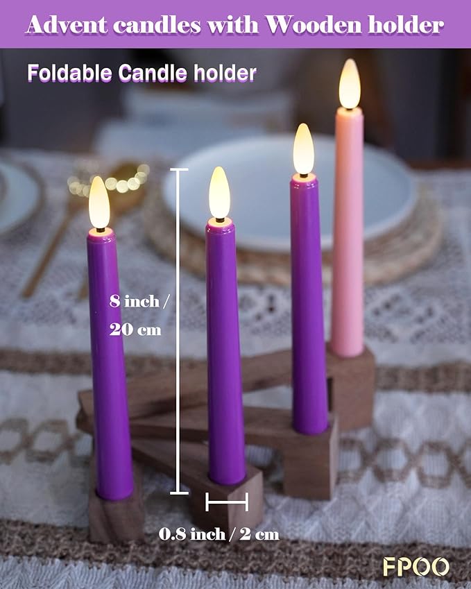 FPOO Flameless Advent Candles with Wooden Candle Holder, Advent Candles Battery Operated 3 Purple and 1 Pink LED candlesticks for Advent Decoration (4 Packs)