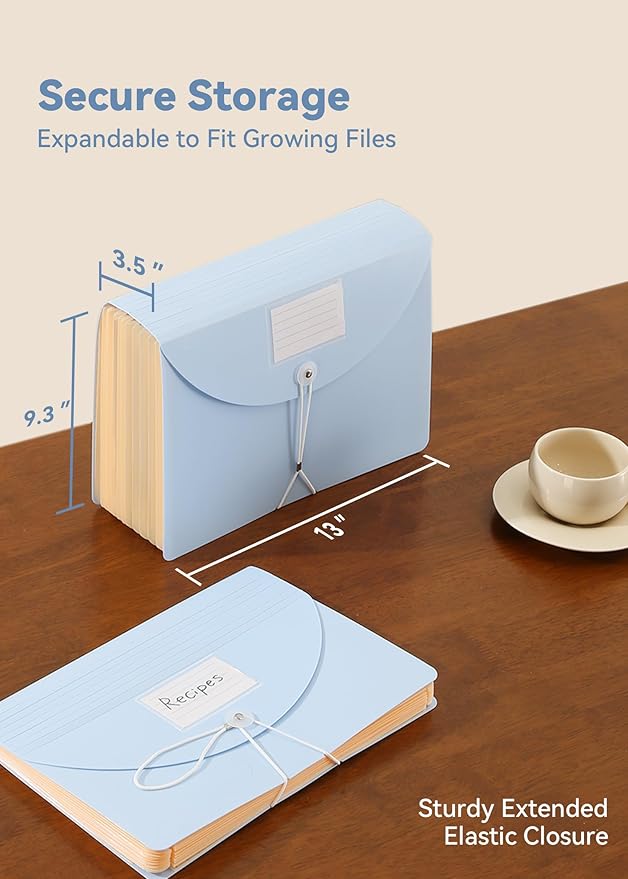 SortRax Accordion File Organizer 12 Pockets, Monthly Bill Receipt Tax Organizer, Expanding File Folders with Larger Bright Tabs, Fits Letter/A4 Size - Blue