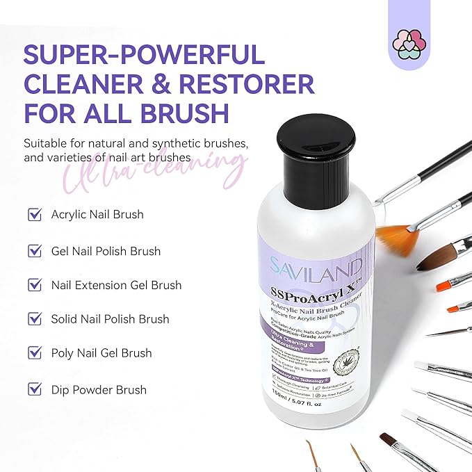SAVILAND Acrylic Nail Brush Cleaner: 5 OZ Large Capacity Acrylic Brush Cleaner Castor Oil Nail Brush Cleaner Conditioner Restorer with Nail Cleaning Pads & Dappen Dish for Acrylic Nails Home Salon DIY